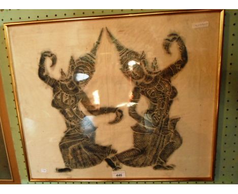 A Thai screen print, two ladies in traditional dress, 45cm x 52cm glazed in a contemporary gilt frame