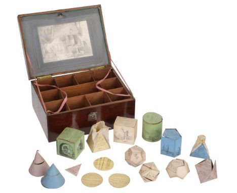 * Educational Game. A boxed set of hand-made geometric shapes, circa 1830, 12 hand-made coloured cardboard solid shapes, e.g.