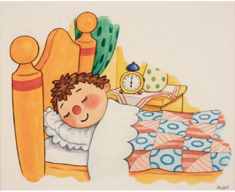 * McDonald (Atholl, 1961-). He's Fast Asleep in Bed by Six O'Clock. It's been a busy day for Noddy!, 1995, watercolour with p