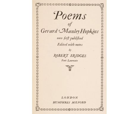 Hopkins (Gerard Manley). Poems..., edited with notes by Robert Bridges, 1st edition, London: Humphrey Milford, 1918, [8] 124 