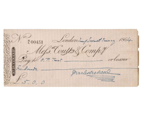 * Dickens (Charles, 1812-1870). Cheque Signed, 'Charles Dickens', London, 27 January 1864, drawn on Messrs Coutts &amp; Co pr