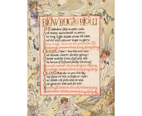 * Rice Oxley (Margaret, 1888-1968). Original illumination titled Blow Bugle Blow, pen, ink, and watercolour on parchment, com