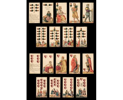 * German playing cards. Bavarian historical, Munich: Cajetan Göbl, circa 1850, a complete deck of 36 stencil coloured engrave