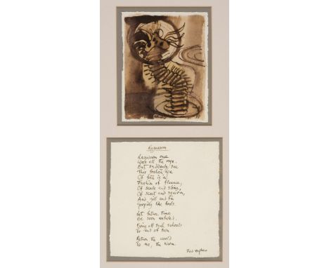 * Hughes (Ted, 1930-1998). Ragworm, 1998, autograph manuscript poem entitled Ragworm by Ted Hughes, handwritten in ink on han