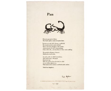 Hughes (Ted). Pan, hand-printed at The Morrigu Press, 14 August 1979, broadside, printed to recto, wood-engraving of two scor