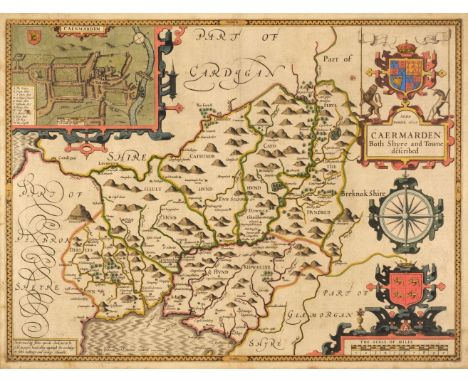 * Wales. Speed (John), Caermarden Both Shyre and Towne Described, John Sudbury &amp; George Humble [1627], hand-coloured engr