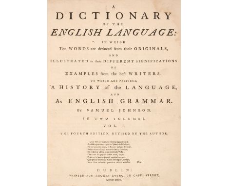 Johnson (Samuel). A Dictionary of the English Language, 2 volumes, Dublin: Thomas Ewing, 1775, early 19th-century ownership i