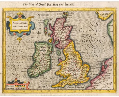 British Isles. Hondius (H. Mercator Gerard &amp; Purchas Samuel), Anglia, Scotia et Hibernia [and] Anglia [1625], two hand-co