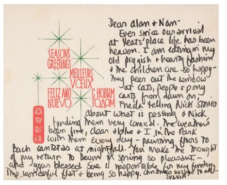 Plath (Sylvia). An autographed Christmas card from Sylvia Plath to Alan and Nancy Jenkins, [December 1962], folding colour pr