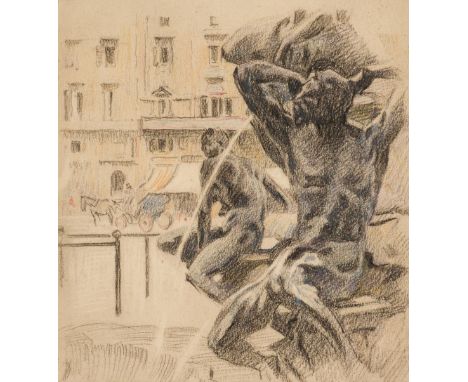 * Attributed to Laura Sylvia Gosse (1881-1968). Study of a fountain sculpture in a continental town square, coloured pastels 