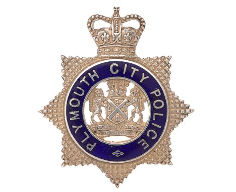 Plymouth City Police senior Officer's 1954 HM silver cap badge by Firmin &amp; Son.  Good scarce die-cast Birmingham hallmark