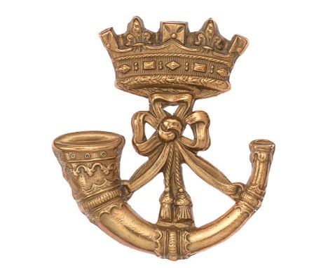 Duke of Cornwall's Light Infantry Victorian cap badge c. 1896-1900.   Good scarce die-stamped brass Ducal coronet over strung