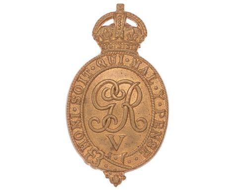 Household Battalion WW1 cap badge c. 1916.  Good scarce die-stamped brass crowned oval Garter with central GvR cypher.     Sl