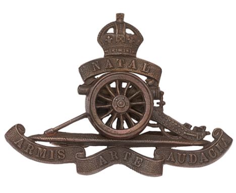 South African Natal Field Artillery post 1902 OSD cap badge.  Good scarce die-stamped bronze crowned NATAL scroll over gun, w