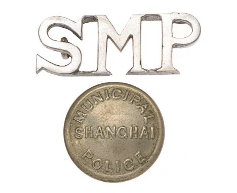 China.  Shanghai Minicipal Police shoulder title and button.  Good rare die-cast chromed SMP title on loops ... white metal b