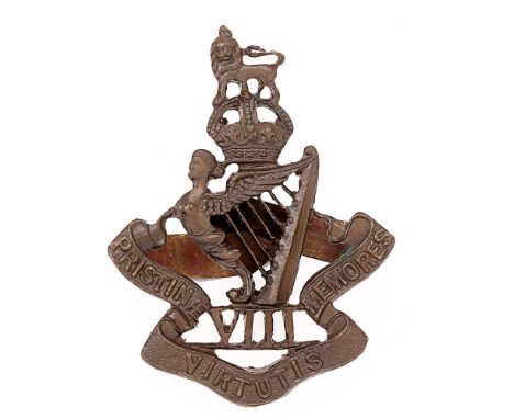 8th King's Royal Irish Hussars pre 1953 OSD cap badge.  Fine scarce small  die-cast bronze crowned Maid of Erin Harp over VII