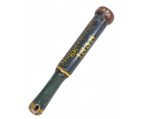 Muggerhanger, Bedfordshire Victorian 1838 Tipstaff / Truncheon.  This turned wooden example is painted with a dark blue groun