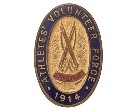 Shipley Athletes' Volunteer Force 1914  W. Yorkshire WW1 VTC lapel badge.  Good scarce blue enamel oval ATHLETES' VOLUNTEER F