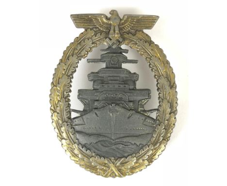 German Third Reich WW2 Kriegsmarine High Seas Fleet War badge by Friedrich Orth, Wien.  Good die-cast gilt oval oakleaf wreat