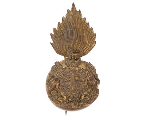 Royal Scots Fusiliers Victorian Officer's foreign service helmet pagri badge.  Good rare post 1881 gilt flaming grenade, the 