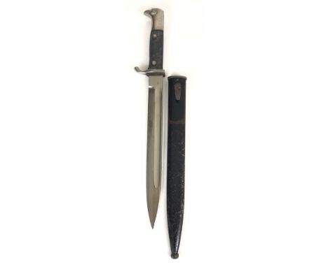 German Third Reich Wehrmacht dress bayonet.  Good example with 25 cm plated blade. Upward curved crossguard and bird beak pom