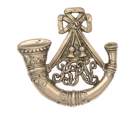 Berkshire Rifle Volunteers Victorian shako / forage cap badge.  Good scarce die-stamped white metal strung bugle with BRV cyp