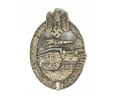 German Third Reich WW2 Army / Waffen SS Tank Assault Badge Hermann Aurich, Dresden.  A good die-cast silvered example. Approa