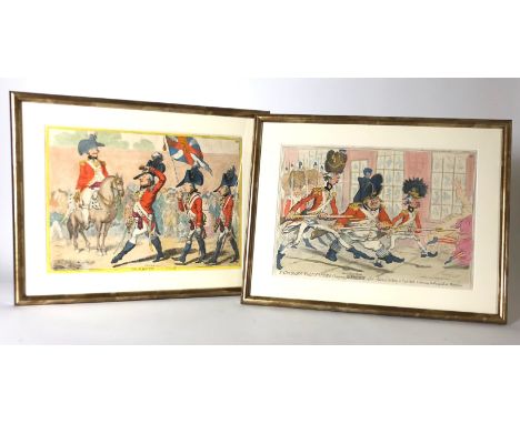 Georgan Napoleonic War Period Satirical Cartoon Prints.  The first shows soldiers of the St. George London Volunteers Chargin