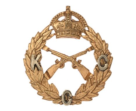 South African Kimberley Cadet Corps cap badge.  Good rare die-stamped brass Bays pattern crowned laurel sprays with crossed r