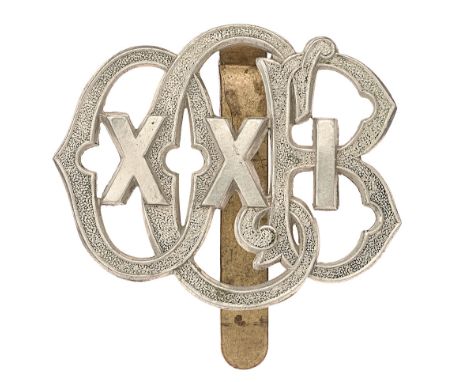 21st Officer Cadet Battalion WW1 cap badge.  Good scarce die-stamped white metal XXI superimposed on OCB cypher.    Loops.  V