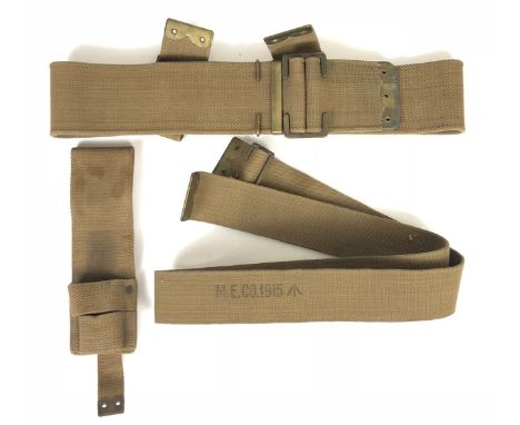 WW1 Dated 1908 Webbing Equipment.  Bayonet Frog, with tang (1914) ... Waist belt (1915) ... Single Brace strap (1915) All ite