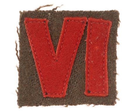 6th Battalion Coldstream Guards WW2 cloth  formation sign c. 1941-43.  Good scarce short lived red felt VI sewn onto khaki BD