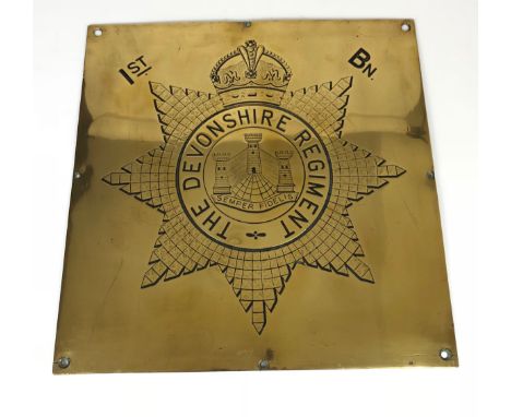 1st Battalion Devonshire Regiment HQ brass wall / gate plaque.  Good scarce approx. 46 cms. square heavy brass plate engraved