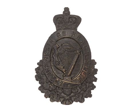 Irish Carlow Rifles Militia Victorian glengarry badge c. 1874-81.  Good die-stamped usual thin blackened brass crowned ERIN G