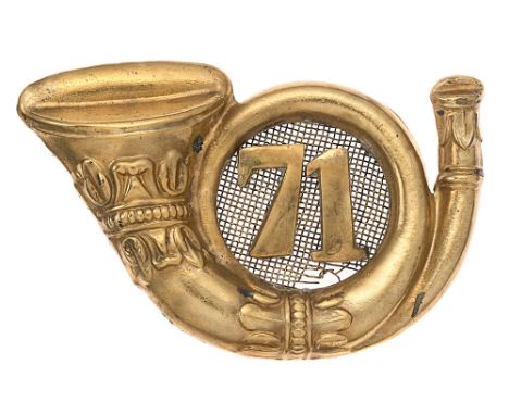 71st (Highland) Light Infantry Victorian glengarry/shako badge c. 1868-81.  Good scarce die-stamped brass coiled bugle horn w