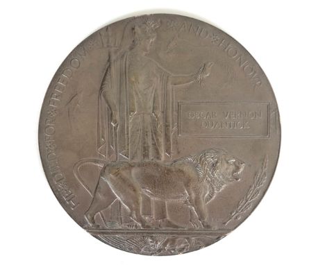 Army Service Corps 1918 WW1 Memorial Plaque.  Issued to commemorate the ultimate sacrifice of OSCAR VERNON QUANTICK ... The p