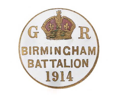 Birmingham Battalion 1914 Kitchener's Army enamelled lapel badge.  Fine white disc with red enamelled crown flanked by GR ove