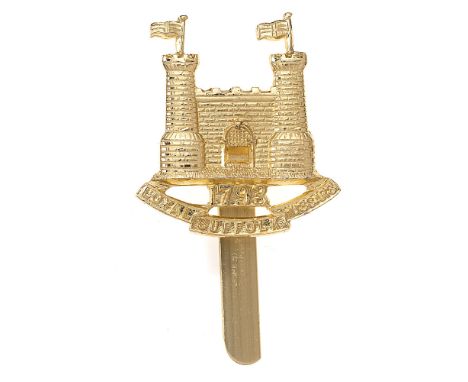 Loyal Suffolk Hussars scarce anodised beret badge c. 1953-61.  Good scarce gold anodised two turreted castle, with flags flyi