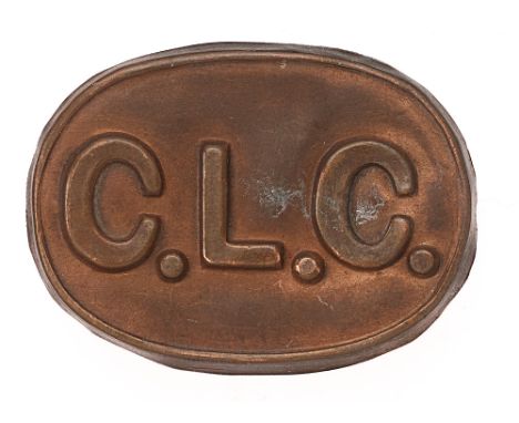 Chinese Labour Corps WW1 cap badge.  Good scarce thin die pressed oval badge with raised border; C.L.C. to the centre.    Bla