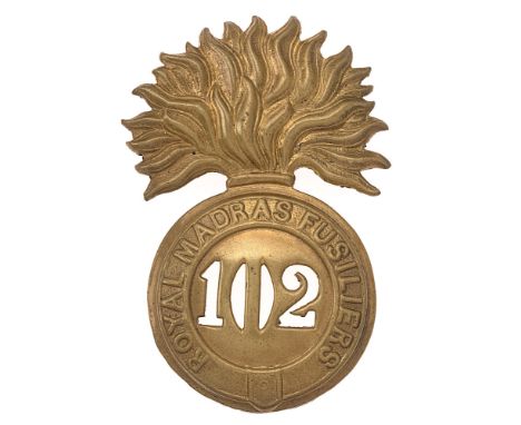 102nd Royal Madras Fusiliers glengarry badge c. 1874-81.  Good sarce die-stamped brass flaming grenade, the ball bearing stra