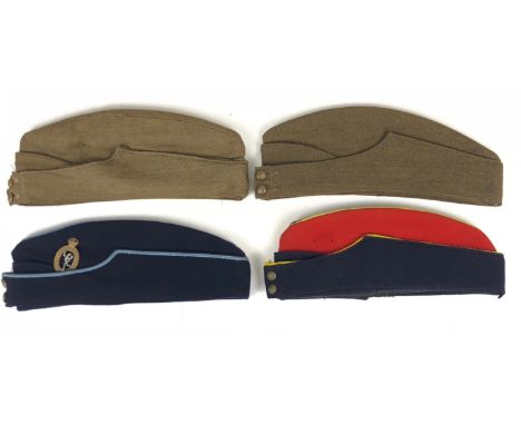 British Army 4 Field Service Side Caps.  2 x WW2 period khaki caps (1 dated 1941) ... Royal Corps of Signals Coloured Cap ...