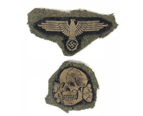 German Third Reich Waffen SS cloth cap insignia.  Good scarce set cut off a field grey woollen cap. White on black BeVo SS ea