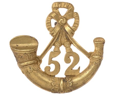 52nd (Oxfordshire Light Infantry) Regiment Officer's forage cap badge c. 1830-40.  Fine rare cast brass small size strung bug