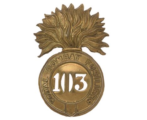 103rd Royal Bombay Fusiliers Victorian glengarry badge c. 1874-81.  Good scarce die-stamped brass flaming grenade, the ball b