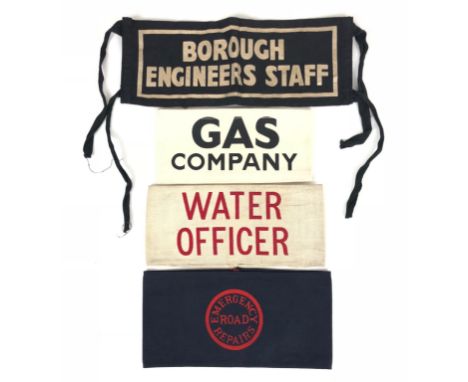 4 WW2  Home Front Domestic Services Related Armbands.  Borough Engineers Staff ... Gas Company ... Water Officer ... Emergenc