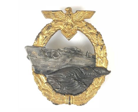 German Third Reich WW2 Kriegsmarine 2nd pattern E Boat War badge by Ausf. A.G.M. u K.  Gablonz.  Good scarce gilt oval oaklea