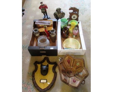 Two boxes of miscellaneous items, to include: reproduction clock figure, barometer surmounted by carved bear, quantity of Bar