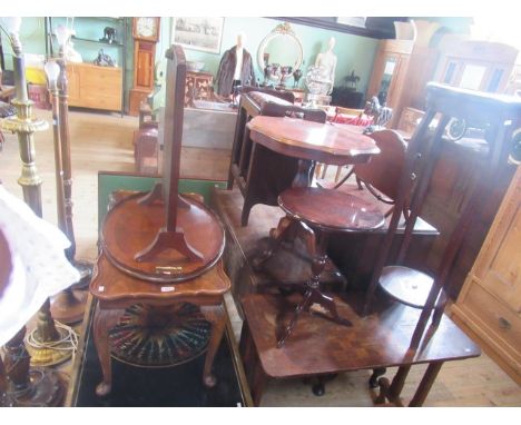 Six items of miscellaneous furniture, to include: brass bound coffee table, walnut coffee table, an Edwardian inlaid oval tra