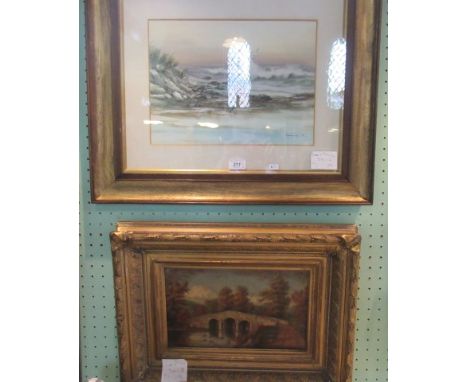 A gilt framed and glazed oil on board seascape, signed lower right, 26 x 37cm, together with a 19th century British school, f
