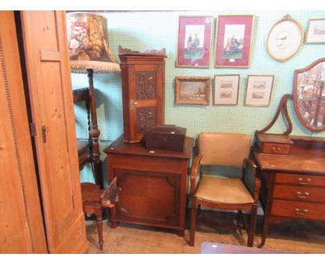 Seven items of miscellaneous furniture, to include: mahogany hall chair (AF), two oak occasional tables, oak standard lamp, w